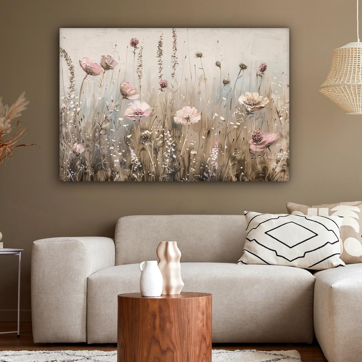 LEINWANDBILD Blumen - Rosa - Modern - Beige Wohnzimmer Groß 120x80 cm - Beige, Textil (120/80cm) - MuchoWow