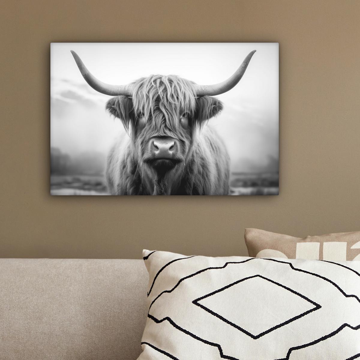 LEINWANDBILD Schottischer Highlander - Nebel - Schwarz - Weiß Deko Schlafzimmer 30x20 cm - Grau, Textil (30/20cm) - MuchoWow