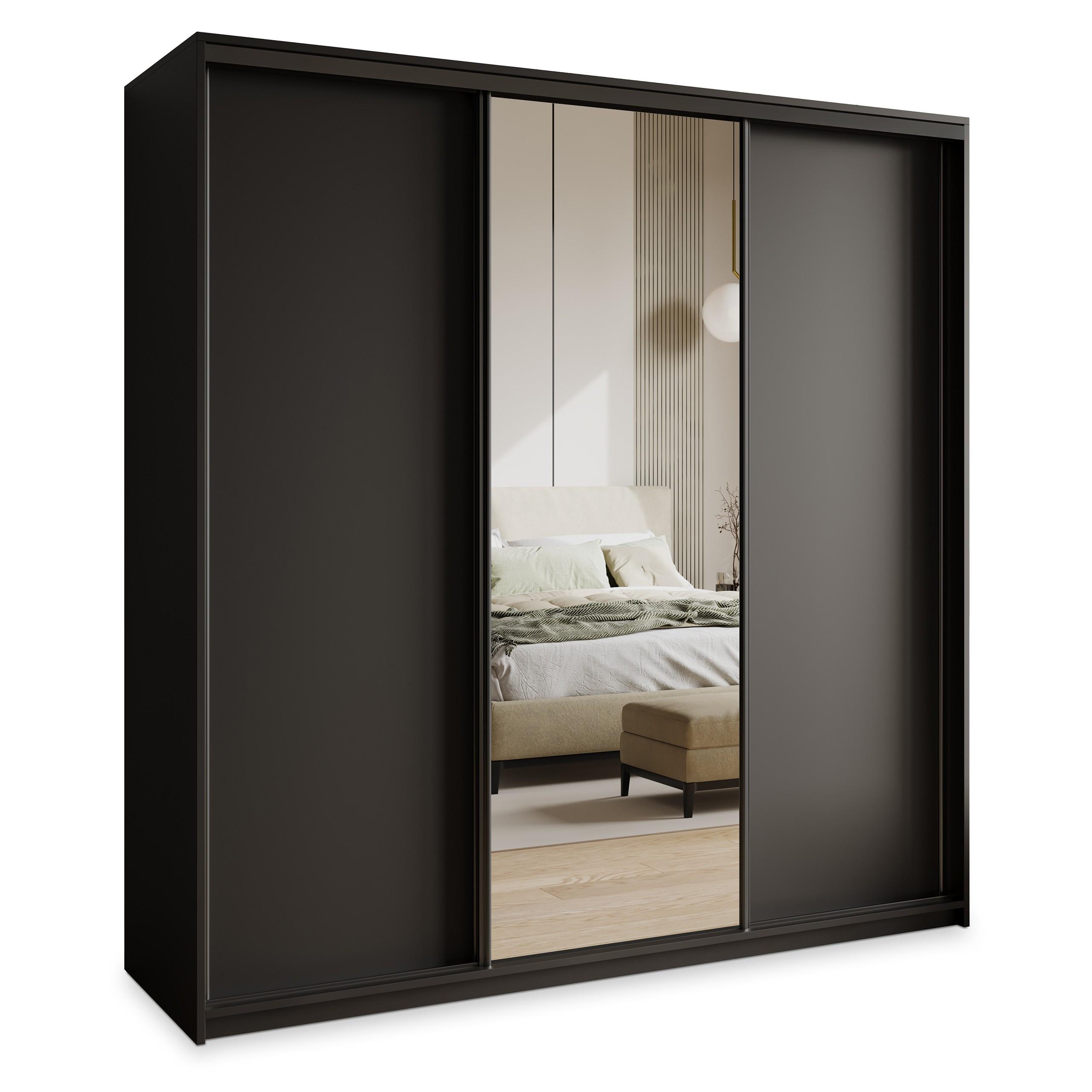 SCHWEBETÜRENSCHRANK TAVI 200/205/60 cm 3-türig mit Spiegel Schwarz - Schwarz, Holzwerkstoff (200/205/60cm) - MASSENO