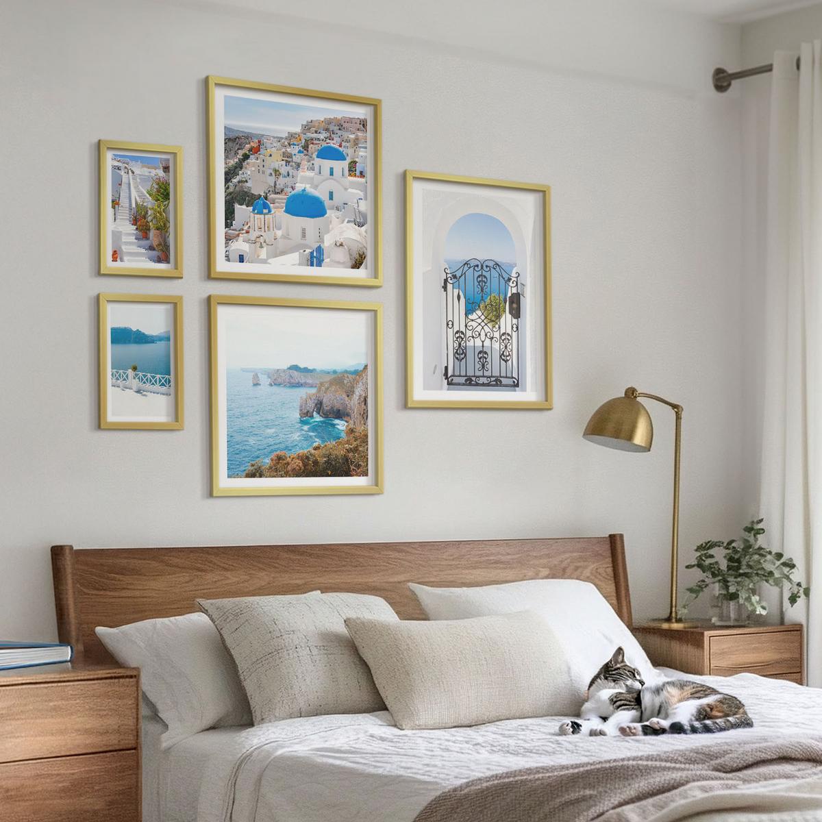 BILDER SET 5er Set - 50x50 cm & 20x30 cm & 40x60 cm Goldrahmen - Weiße Treppenpflanzen Meer - Goldfarben, Kunststoff (40/60cm) - TULUP