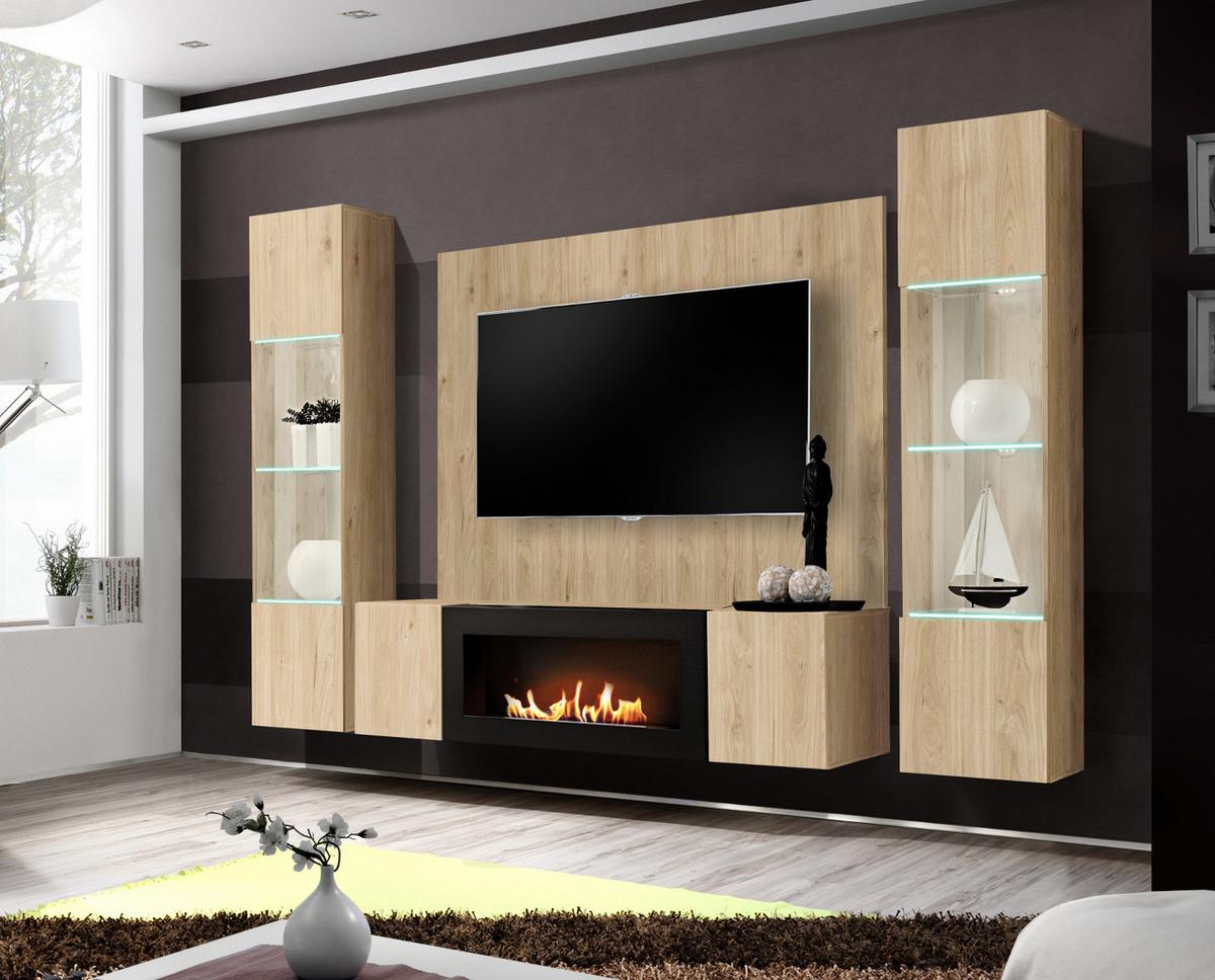 WOHNWAND Eiche Jackson 4-teilig 260 cm hängend, Anbauwand mit Ethanol Kamin - Eichefarben, Glas/Holzwerkstoff (260/170/40cm) - Inn.Furn
