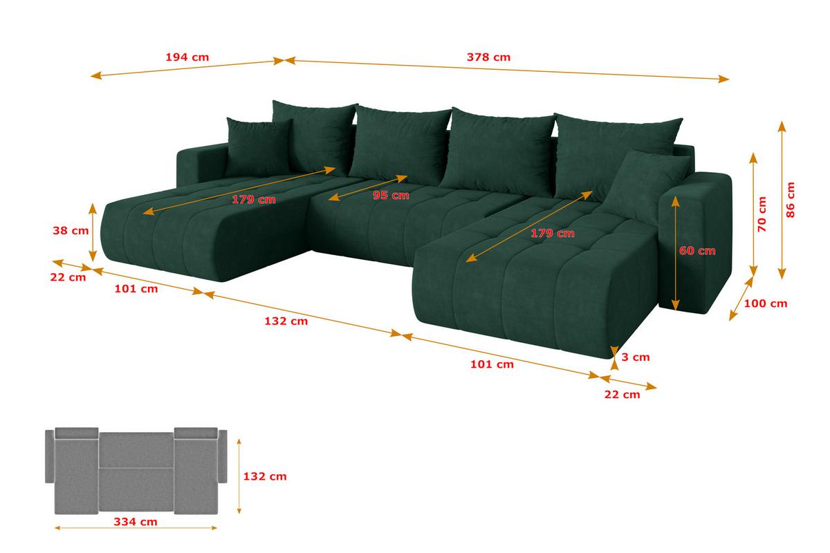 WOHNLANDSCHAFT mit Schlaffunktion und Bettkasten MILA-U 378x194x86 Grün Velours - Schwarz/Grün, Holzwerkstoff/Kunststoff (378/86/194cm) - ALTDECOR