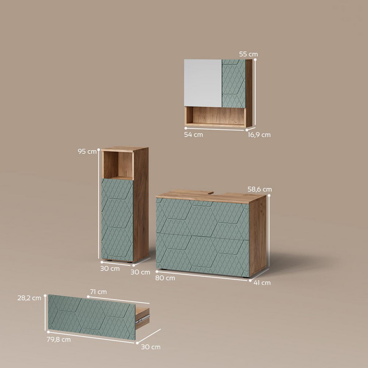 BADMÖBEL-SET Ronco Grün/Goldkraft Eiche 3 Teile, mit Midischrank - Honigeiche/Grün, Holzwerkstoff (80/58/41cm) - Livinity®