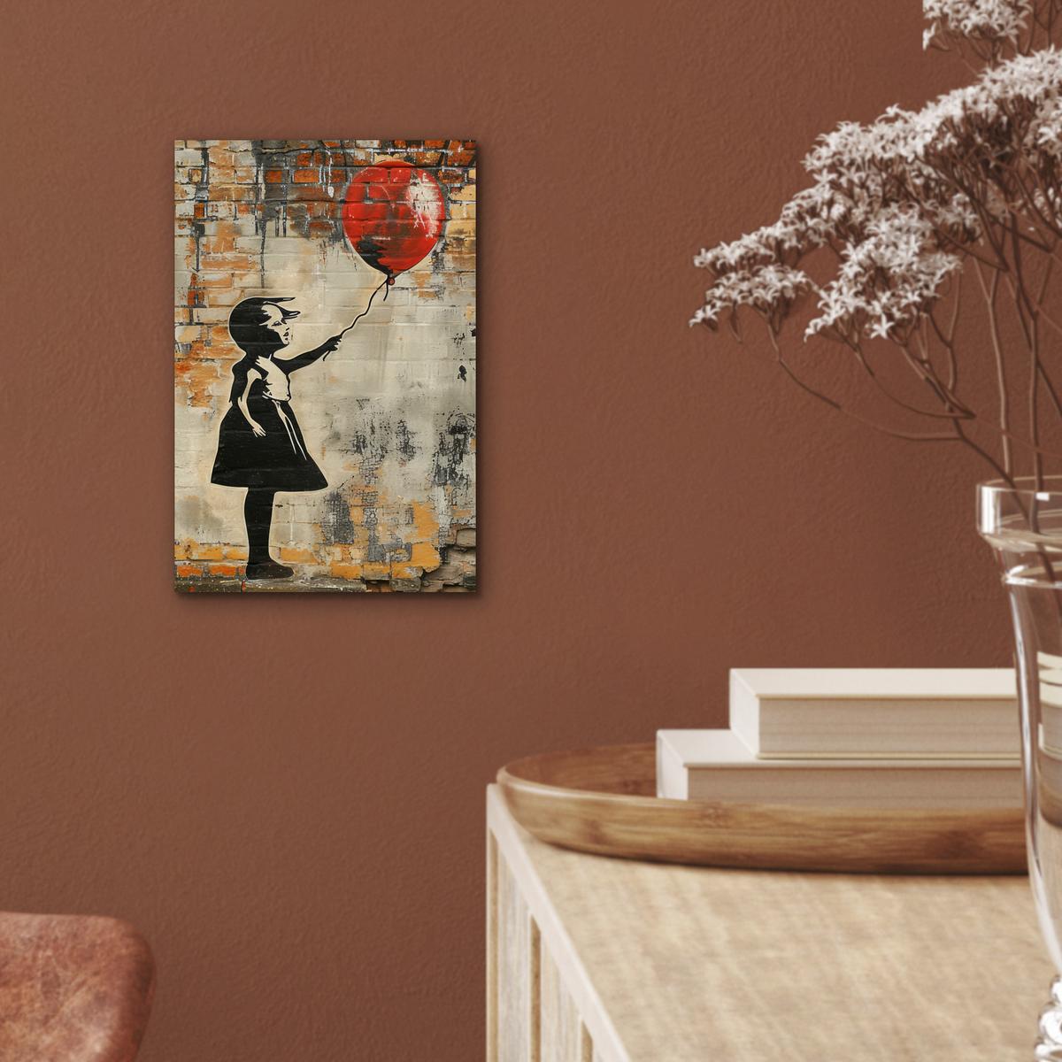 METALLBILD Graffiti - Banksy - Mädchen - Straßenkunst 20x30 cm - Sandfarben, Metall (20/30cm) - MuchoWow