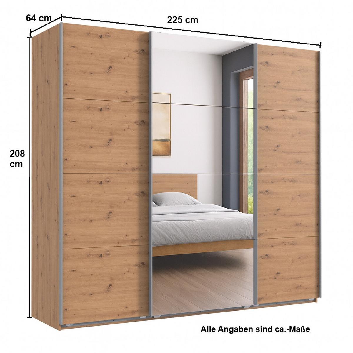 SCHWEBETÜRENSCHRANK 3-türig B225/H208/T64 cm in Eiche Artisan Dekor, Kleiderschrank mit einer Spiegeltür / 22520 - Edelstahlfarben/Eichefarben, Holzwerkstoff/Metall (225/208/64cm) - luma-home