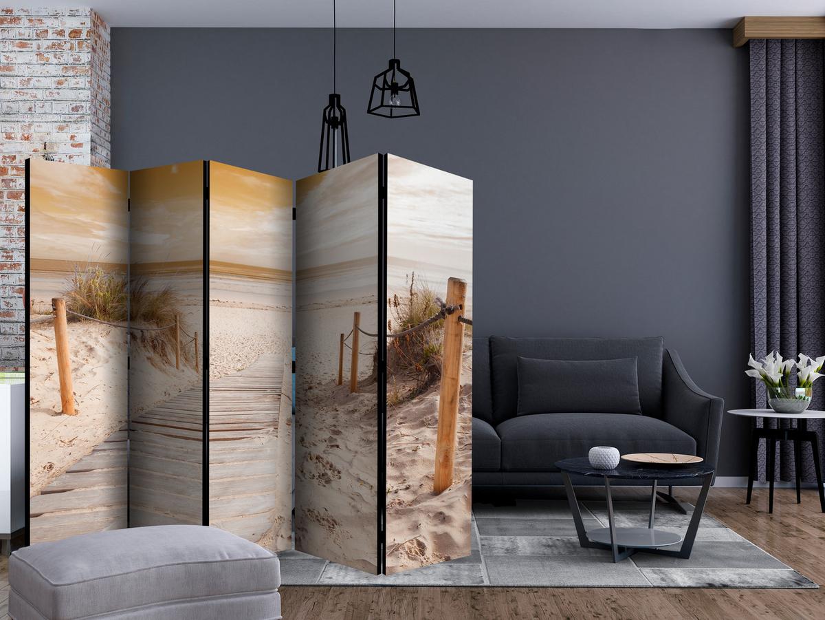 PARAVENT Einseitig Bedruckter 5-tlg 225x172 cm Strand Mit Meerblick - Beige, Holz/Textil (225/172/3cm) - Muralo