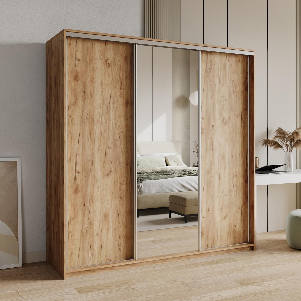 SCHWEBETÜRENSCHRANK TAVI 200/205/60 cm 3-türig mit Spiegel Orange - Orange, Holzwerkstoff (200/205/60cm) - MASSENO
