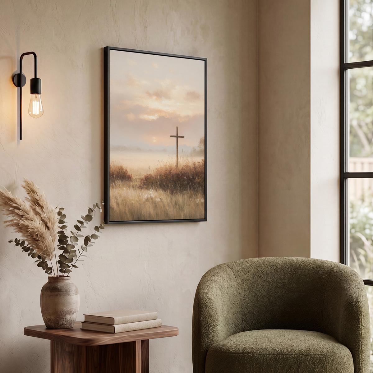 LEINWAND Bilder mit Rahmen - Gras - Morgennebel - Kreuz - Christentum - 60x80 - Beige, Textil (60/80cm) - MuchoWow