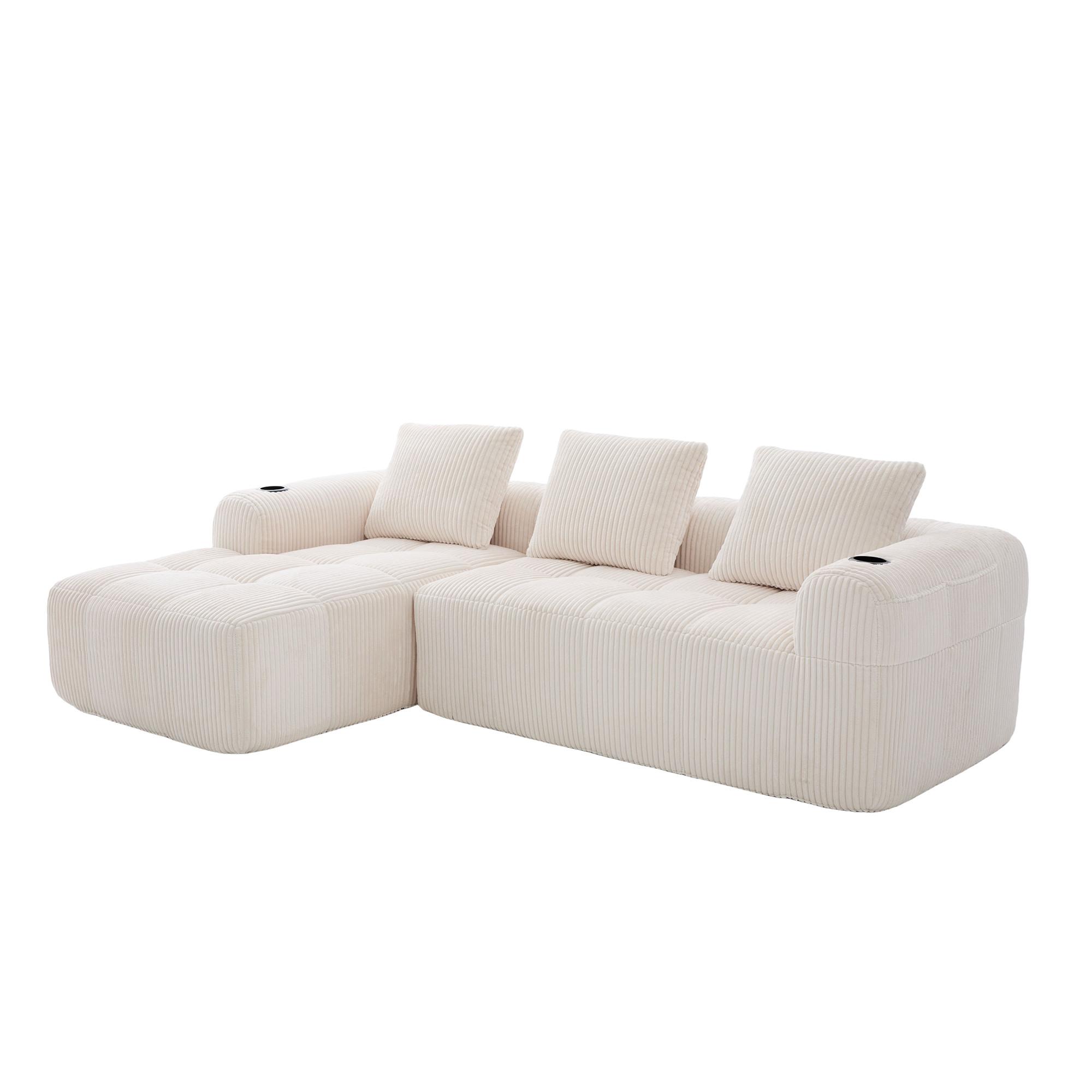 ECKSOFA 3-Sitzer mit Getränkehalter, Seitentaschen & 3 Kissen - Beige, Textil (253/158cm) - Urban Meuble