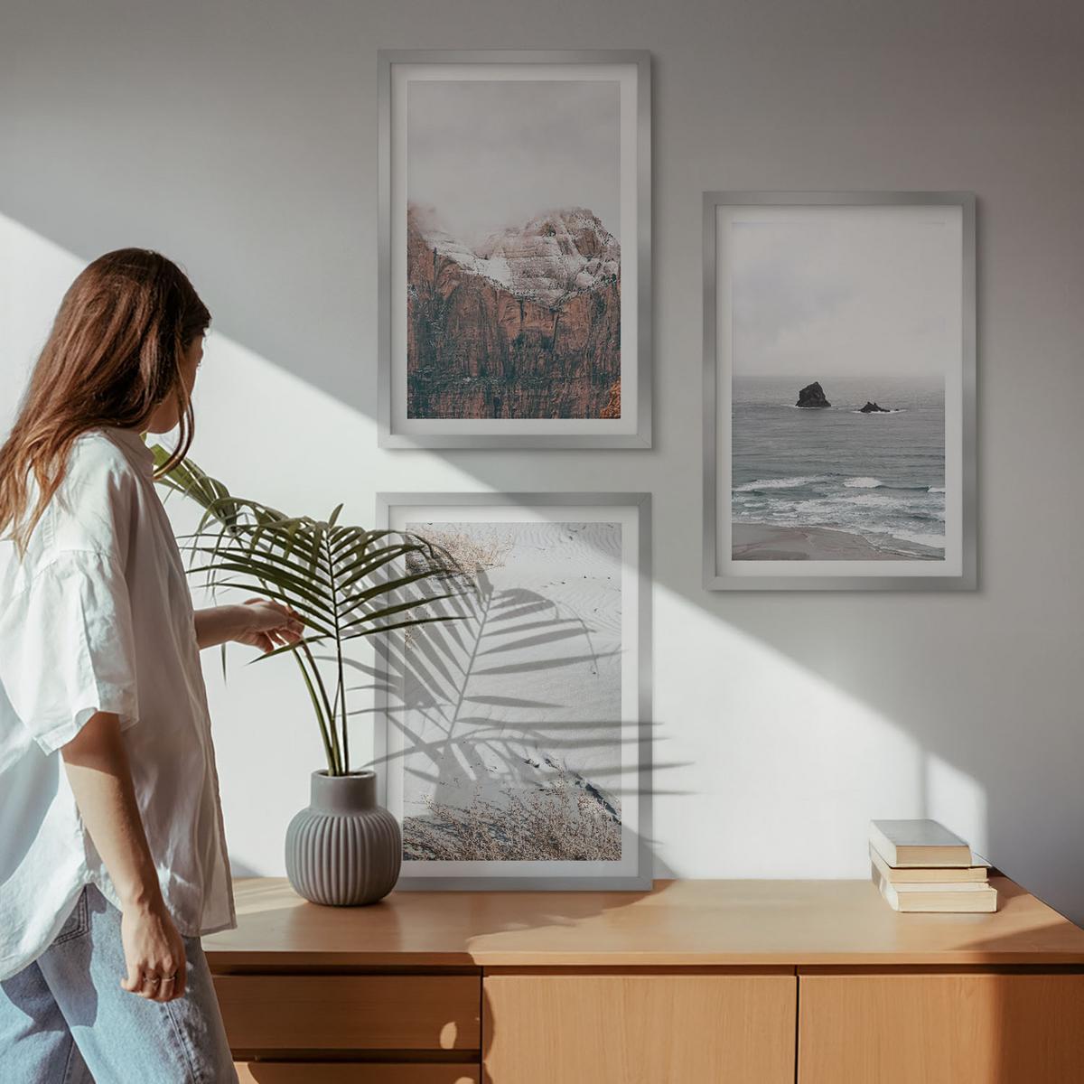 BILDER SET 3er Set - 40x60 cm Silberner Rahmen - Berge, Wolken, Meer, Sand, Natur - Silberfarben, Kunststoff (40/60cm) - TULUP