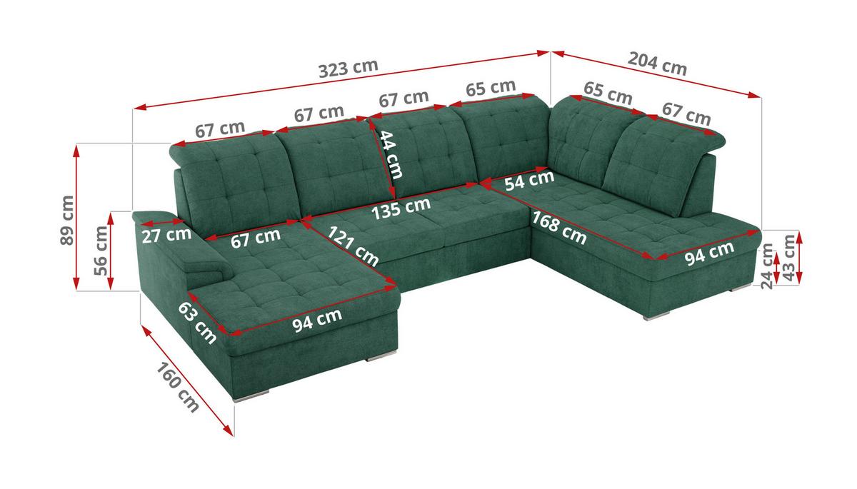WOHNLANDSCHAFT MADRITO U - Grün Struktur - Rechts - Silberfarben/Grün, Textil/Metall (323/89/204cm) - MKS