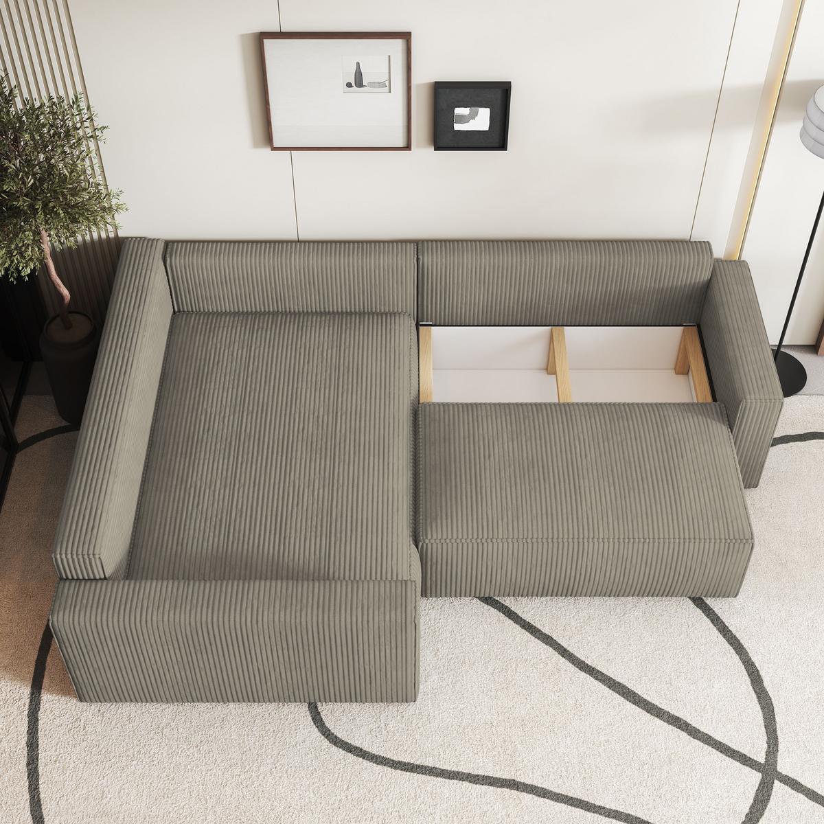 ECKSOFA ERONIS L-S Beige Kordstoff mit Schlaffunktion - Beige, Holz (265/194cm) - MASSENO