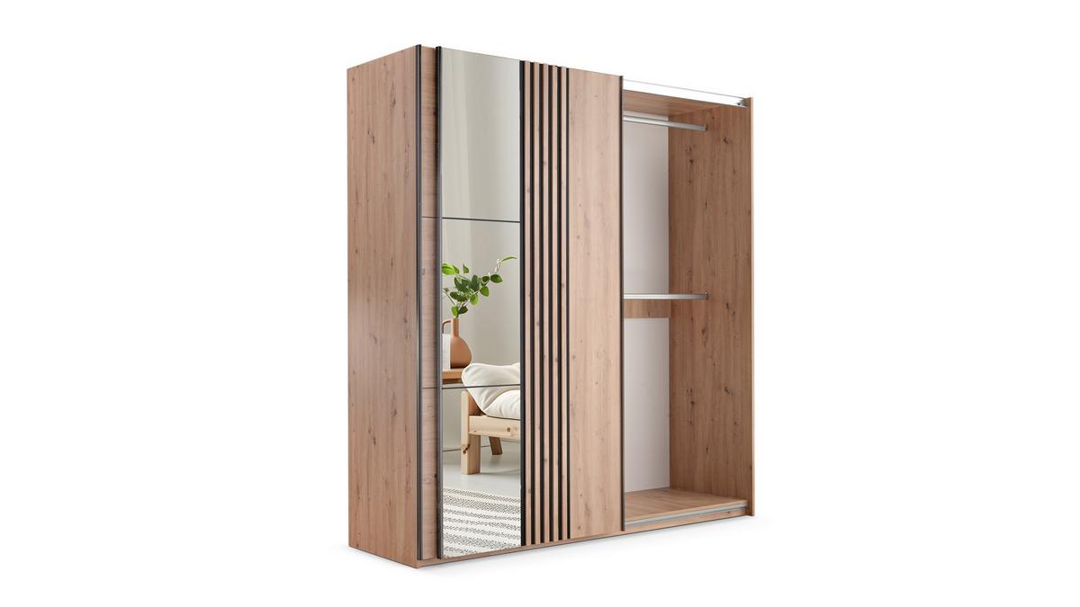SCHWEBETÜRENSCHRANK ATROX 203/215/65 cm 2-türig mit Spiegel Weiß - Eiche Wotan/Weiß, Holzwerkstoff (203/215/65cm) - MASSENO