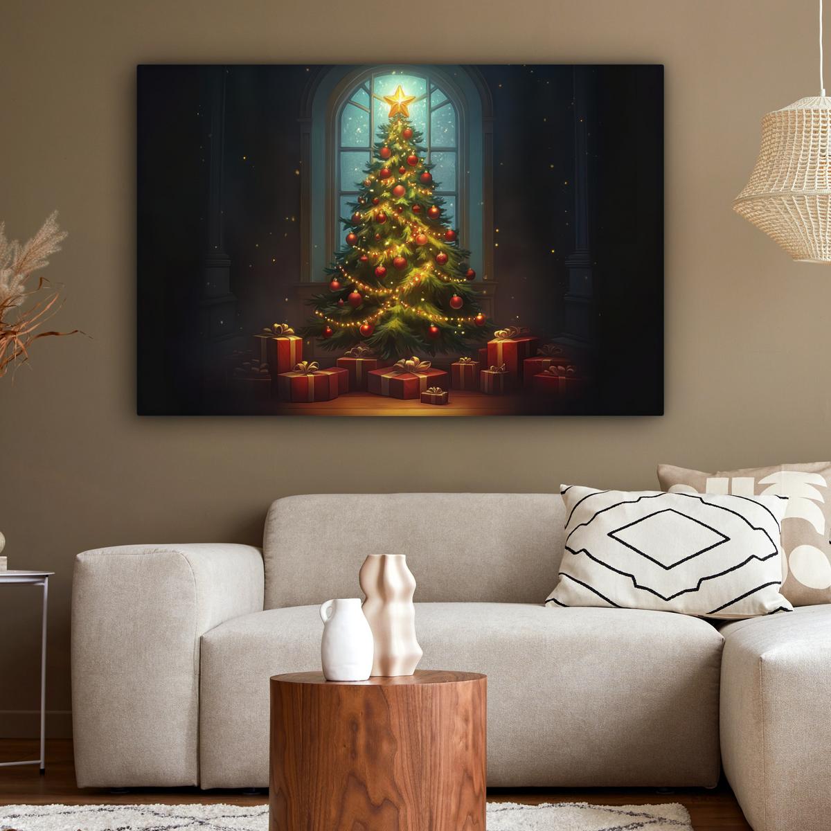 LEINWANDBILD Weihnachtsbaum - Geschenk - Winter Groß 140x90 cm - Grün, Textil (140/90cm) - MuchoWow