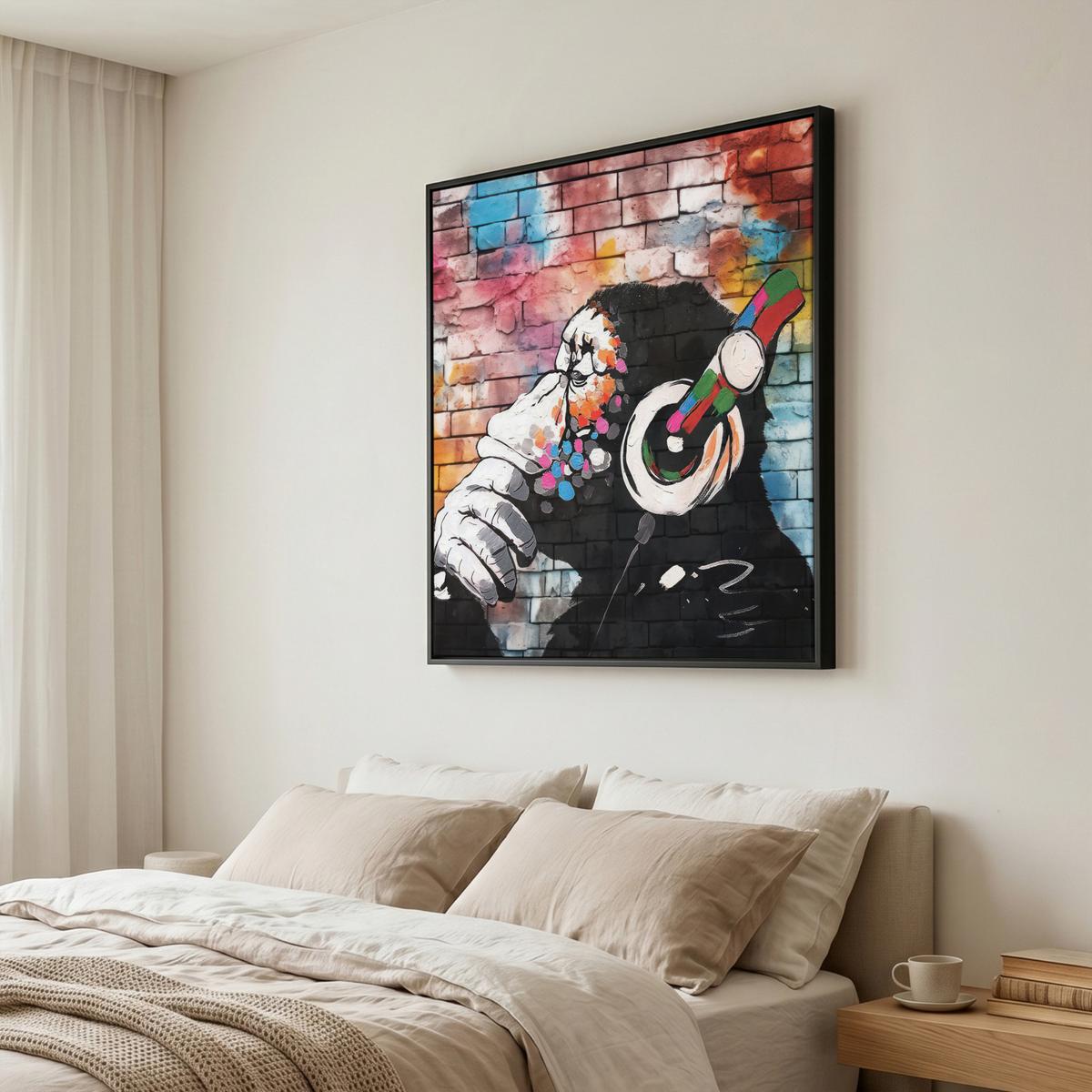 LEINWAND Bilder mit Rahmen - Affe - Graffiti - Musik - 90x90 - Multicolor, Textil (90/90cm) - MuchoWow