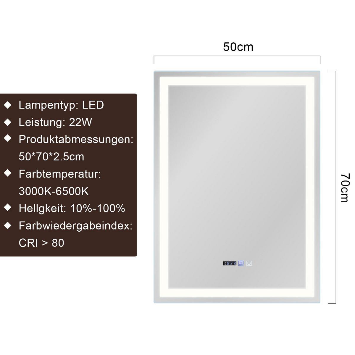 BADEZIMMERSPIEGEL Jena mit LED-Leuchte 50/70/3 cm - Weiß, Glas (70/3/50cm) - Nettlife
