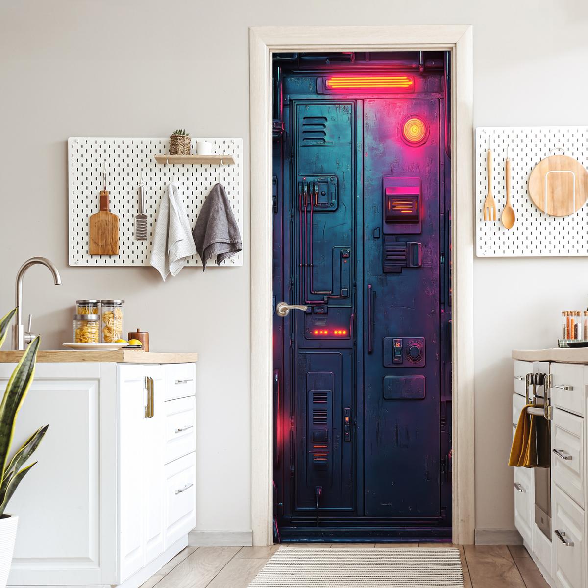 TÜRAUFKLEBER Tür - Futuristisch - Blau - Rosa - Neon 90x235 cm - Türtapete - Anthrazit, Kunststoff (90/0.1cm) - MuchoWow