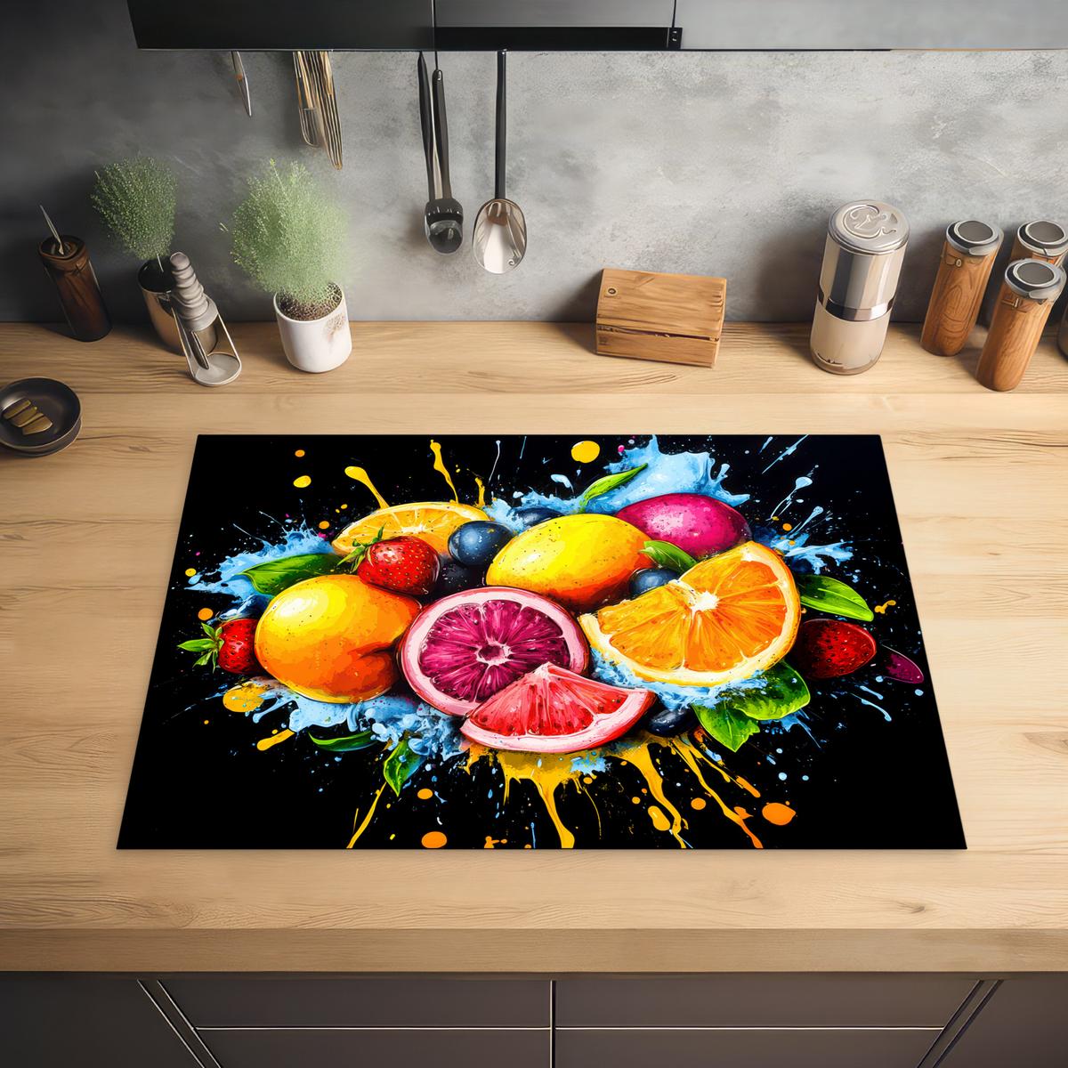 HERDABDECKPLATTE Obst - Graffiti - Bunt - Orange - Erdbeere - Abstrakt Herdabdeckung Induktionsfeld 75x52 cm - Orange, Kunststoff (75/52/0.2cm) - MuchoWow