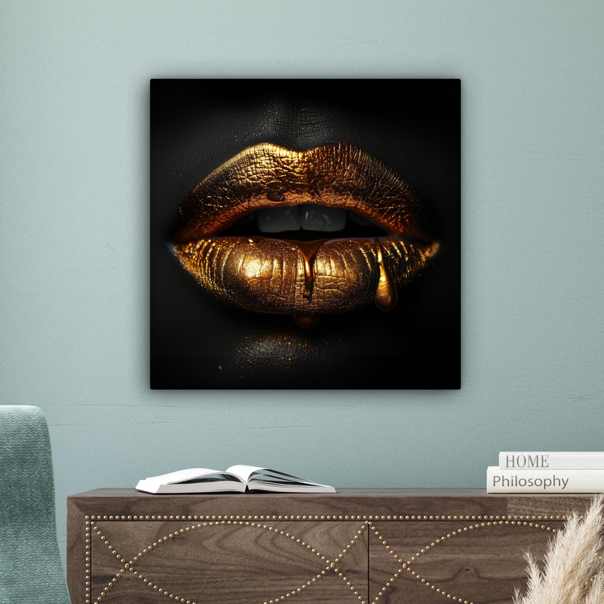 LEINWANDBILD Frau - Porträt - Lippen - Gold - Schwarz Wandbild Wohnzimmer 50x50 cm - Schwarz, Textil (50/50cm) - MuchoWow