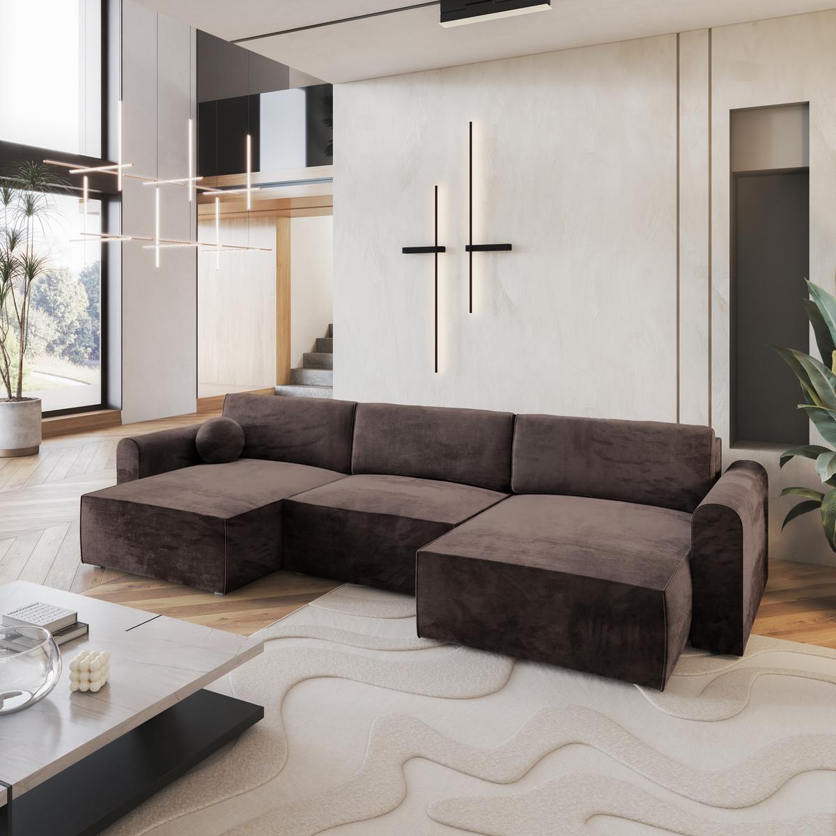 WOHNLANDSCHAFT FENTO M Braun Velours-Stoff mit Schlaffunktion - Braun/Grau, Holz/Kunststoff (347/90/148cm) - MASSENO