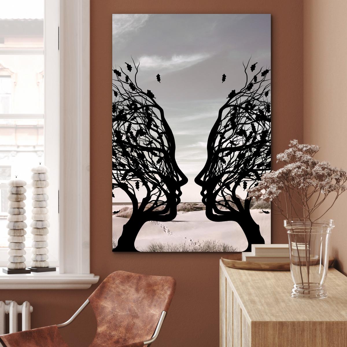 METALLBILD Strand - Meer - Menschen - Baum - Moderne Kunst 80x120 cm - Hellgrau, Metall (80/120cm) - MuchoWow