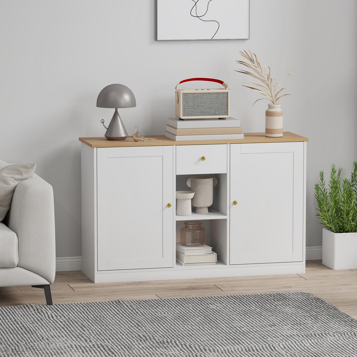 SIDEBOARD Aufbewahrungsschrank mit Schublade, 2 Türen, 2 Offenen Ablagen Weiß - Weiß, Holzwerkstoff (35/75.2/120cm) - HOMCOM