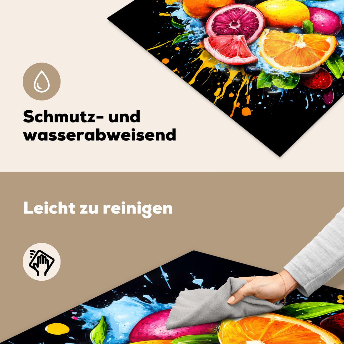 HERDABDECKPLATTE Obst - Graffiti - Bunt - Orange - Erdbeere - Abstrakt Induktionsmatte 77x59 cm - Orange, Kunststoff (77/59/0.2cm) - MuchoWow
