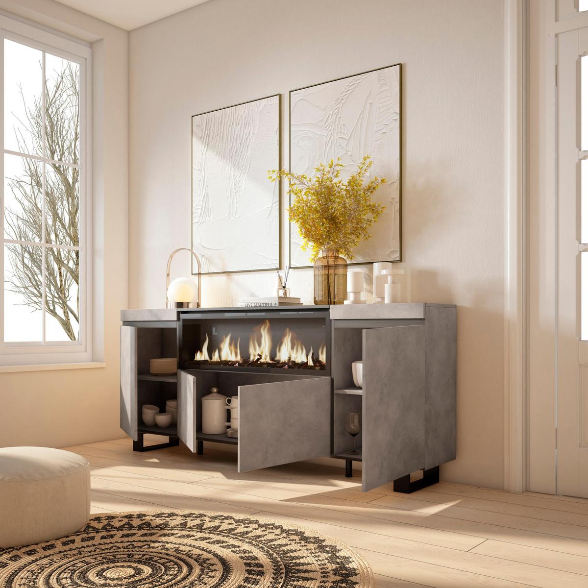 SIDEBOARD Highboard, Elektrokamin XXL, zementgrau, 208/35/87cm - Multicolor/Schwarz, Holzwerkstoff (208/87/35cm) - Skraut Home