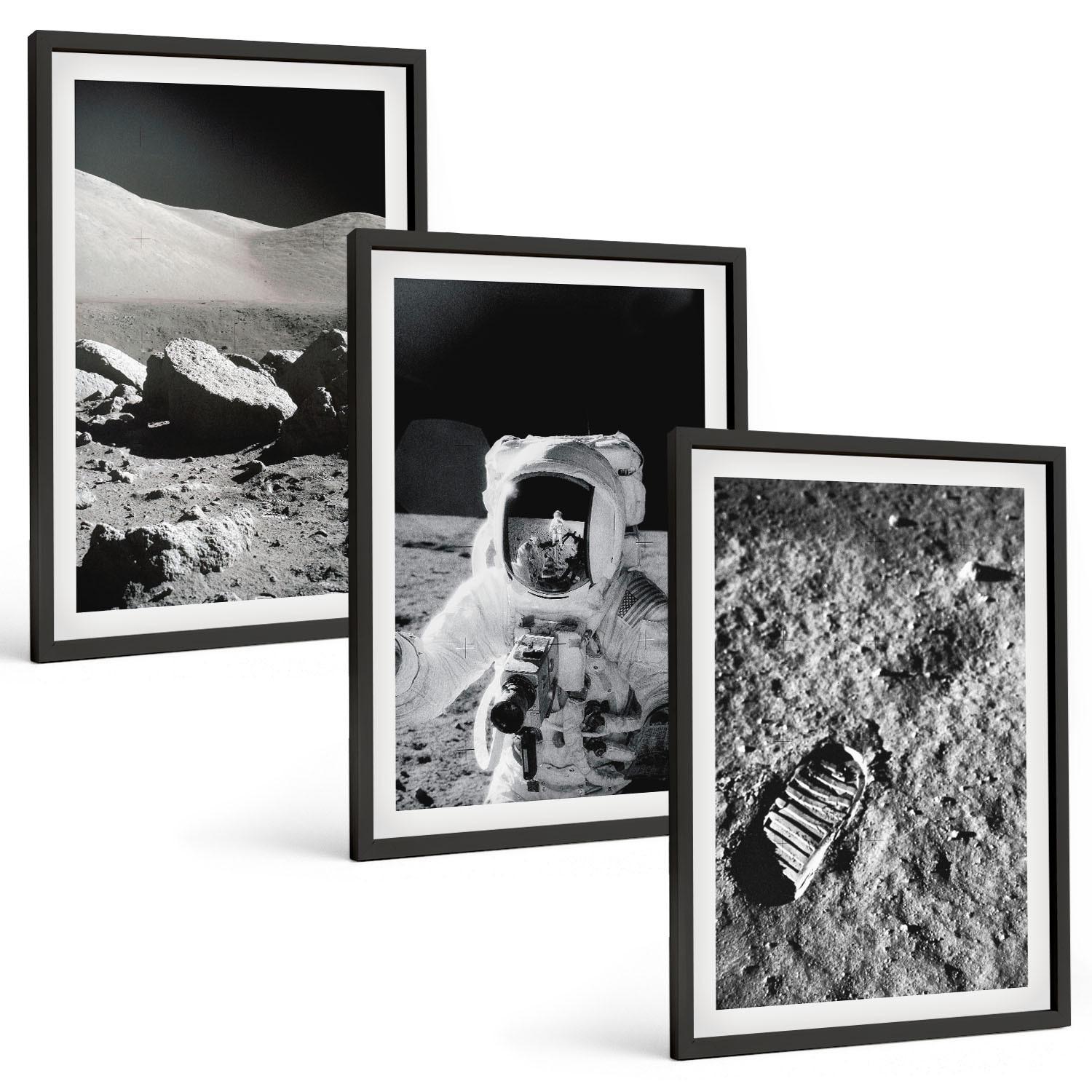 BILDER SET 3er Set - 40x60 cm Schwarzer Rahmen - NASA-Fotos vom Mond Astronaut - Schwarz, Kunststoff (40/60cm) - TULUP