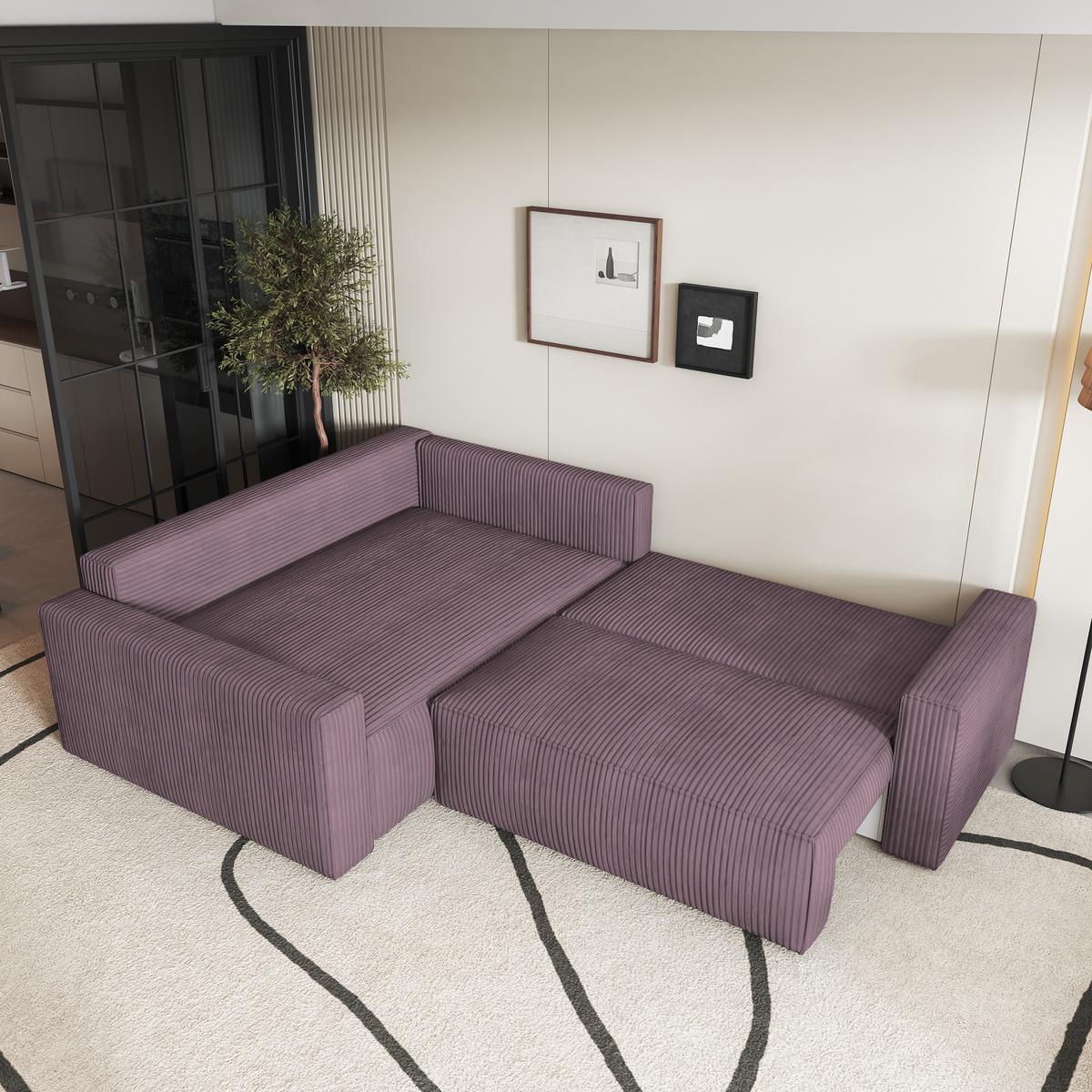 ECKSOFA ERONIS L-S Lila Kordstoff mit Schlaffunktion - Lila, Holz (265/194cm) - MASSENO