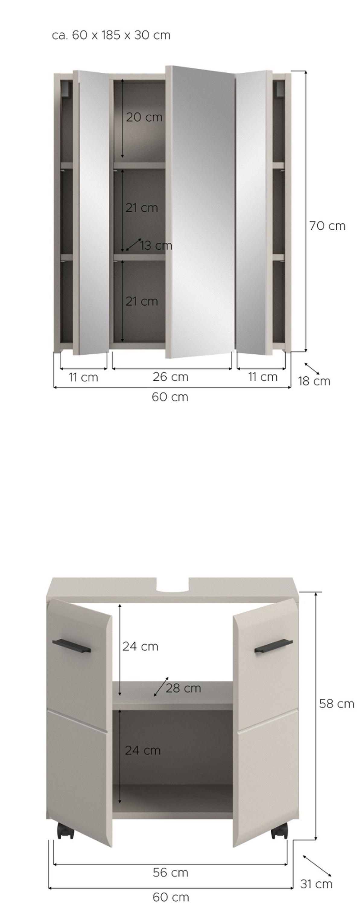 BADMÖBEL-SET Kaschmir 60 cm 2-teilig, Waschbeckenunterschrank auf Rollen - Kaschmir/Schwarz, Glas/Holzwerkstoff (60/185/30cm) - Inn.Furn