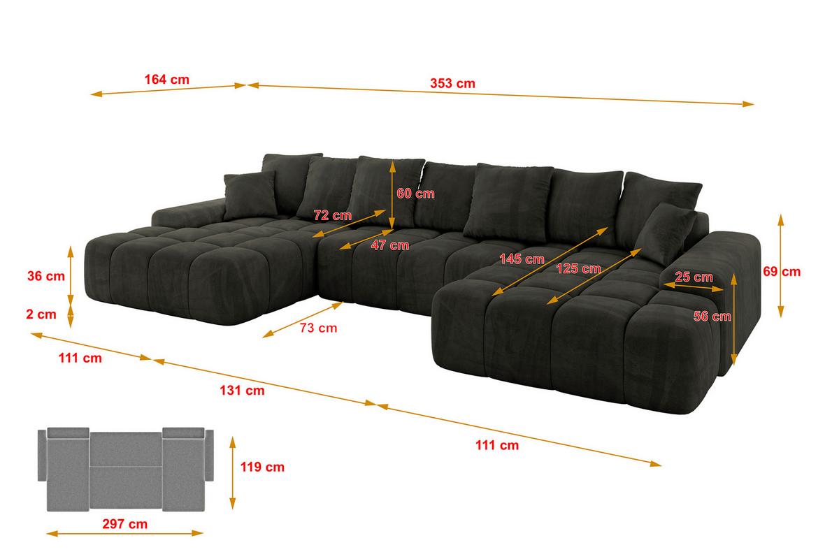 WOHNLANDSCHAFT ENSI-U - 353x164x69 cm Schwarz - Schwarz, Holzwerkstoff/Kunststoff (357/69/164cm) - ALTDECOR