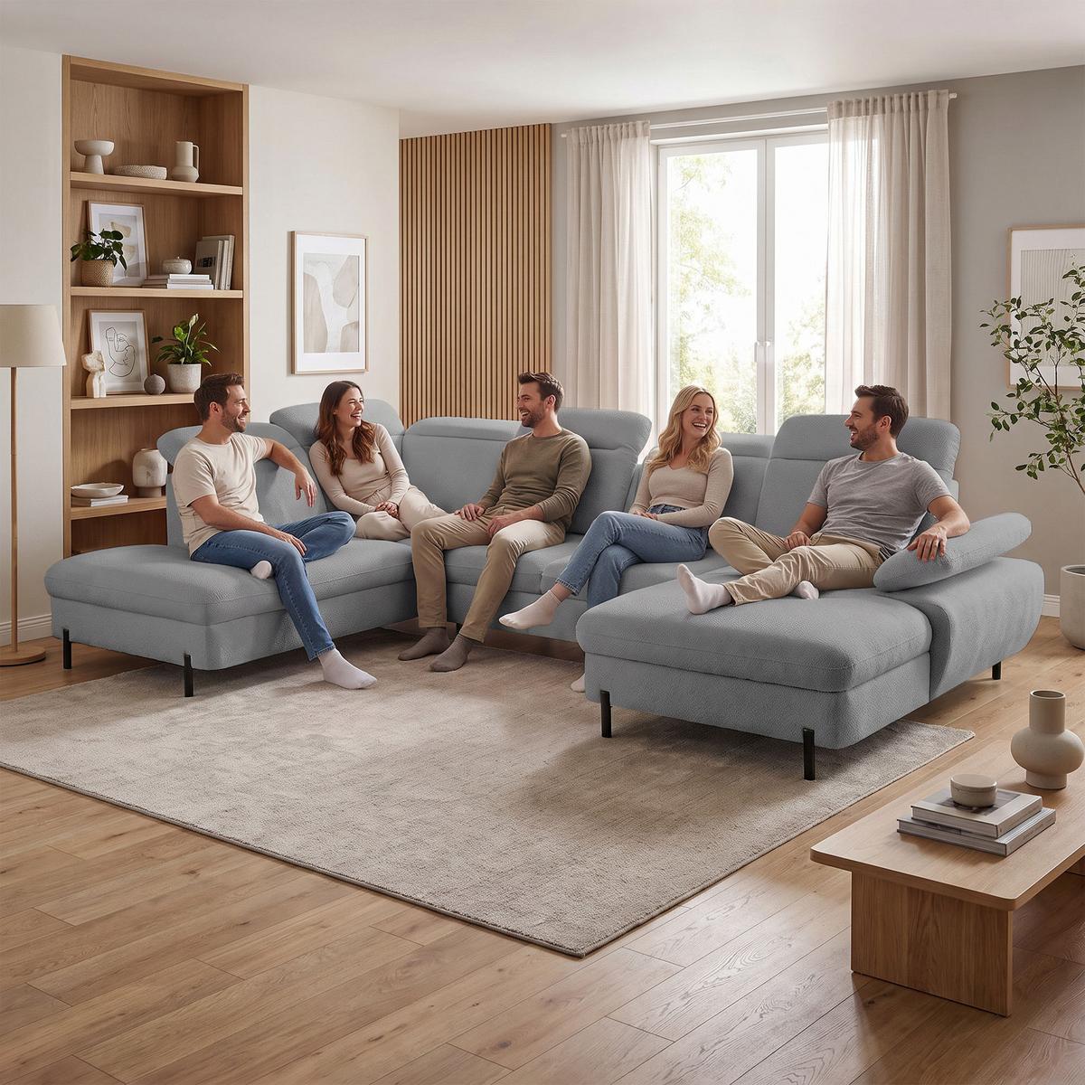 WOHNLANDSCHAFT Sora U mit Schlaffunktion und verstellbarer Sitztiefe, Kopfstützen und Armlehne, 365 cm, Grau, Rechts - Schwarz/Grau, Textil (365/107/235cm) - Beautysofa
