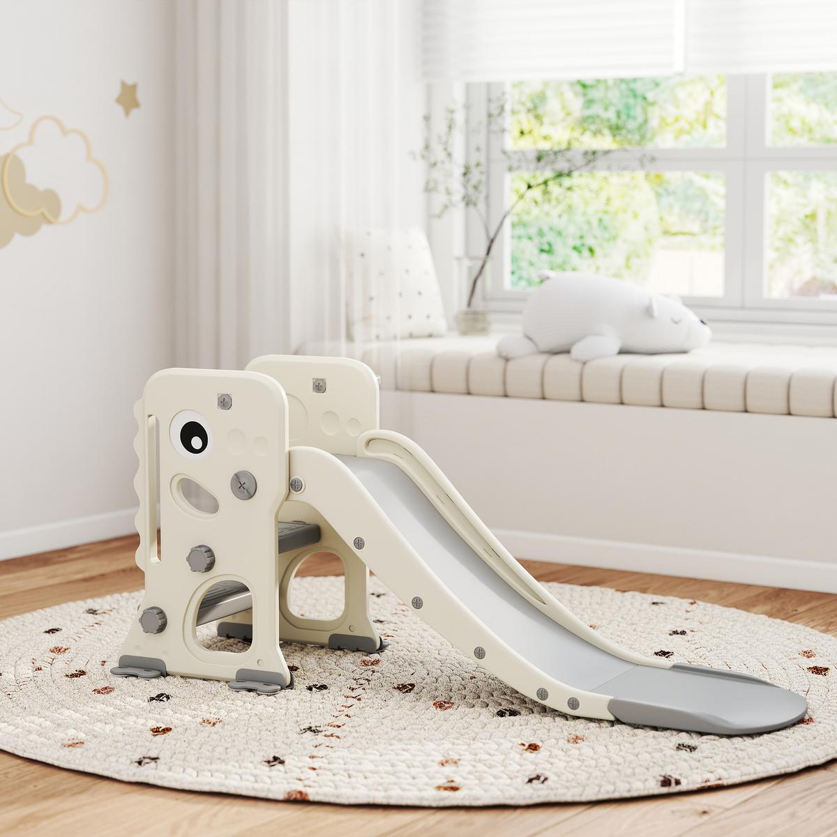 KINDERRUTSCHE 3 in 1 klappbar Kleinkinderrutsche mit Basketballkorb, Schnallen - Creme, Kunststoff (52/65/146cm) - AIYAPLAY