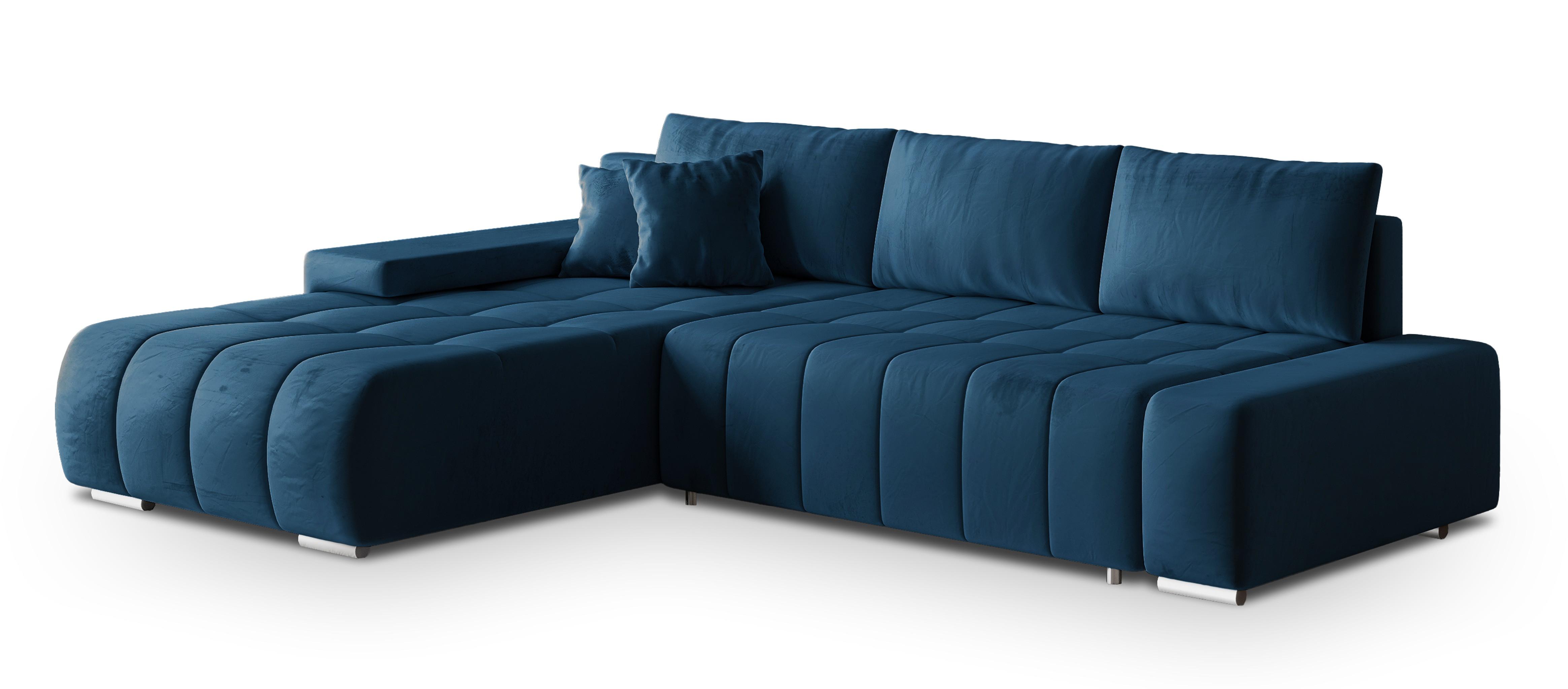 ECKSOFA ALESE L-S Blau Velours-Stoff mit Schlaffunktion - Blau/Silberfarben, Holz/Textil (265/185cm) - MASSENO
