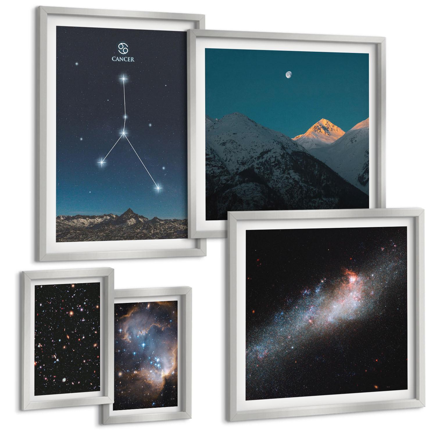 BILDER SET 5er Set - 50x50 cm & 20x30 cm & 40x60 cm Silberner Rahmen - Weltraumgalaxie-Konstellation Krebs - Silberfarben, Kunststoff (40/60cm) - TULUP