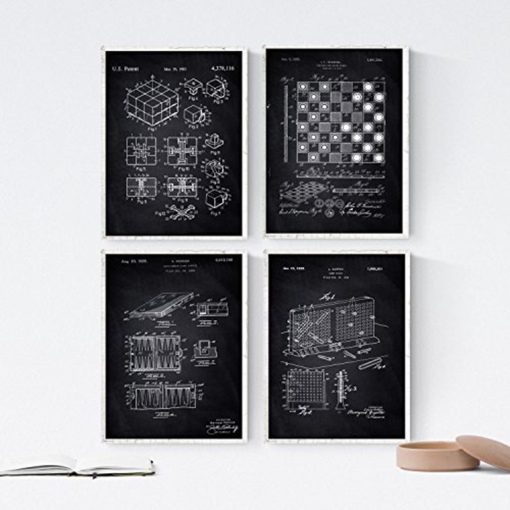 POSTER Set mit 4 Schwarz Brettspiele Patent A4 Schwarzer Rahmen - Schwarz, Papier (29.7/3cm) - Nacnic