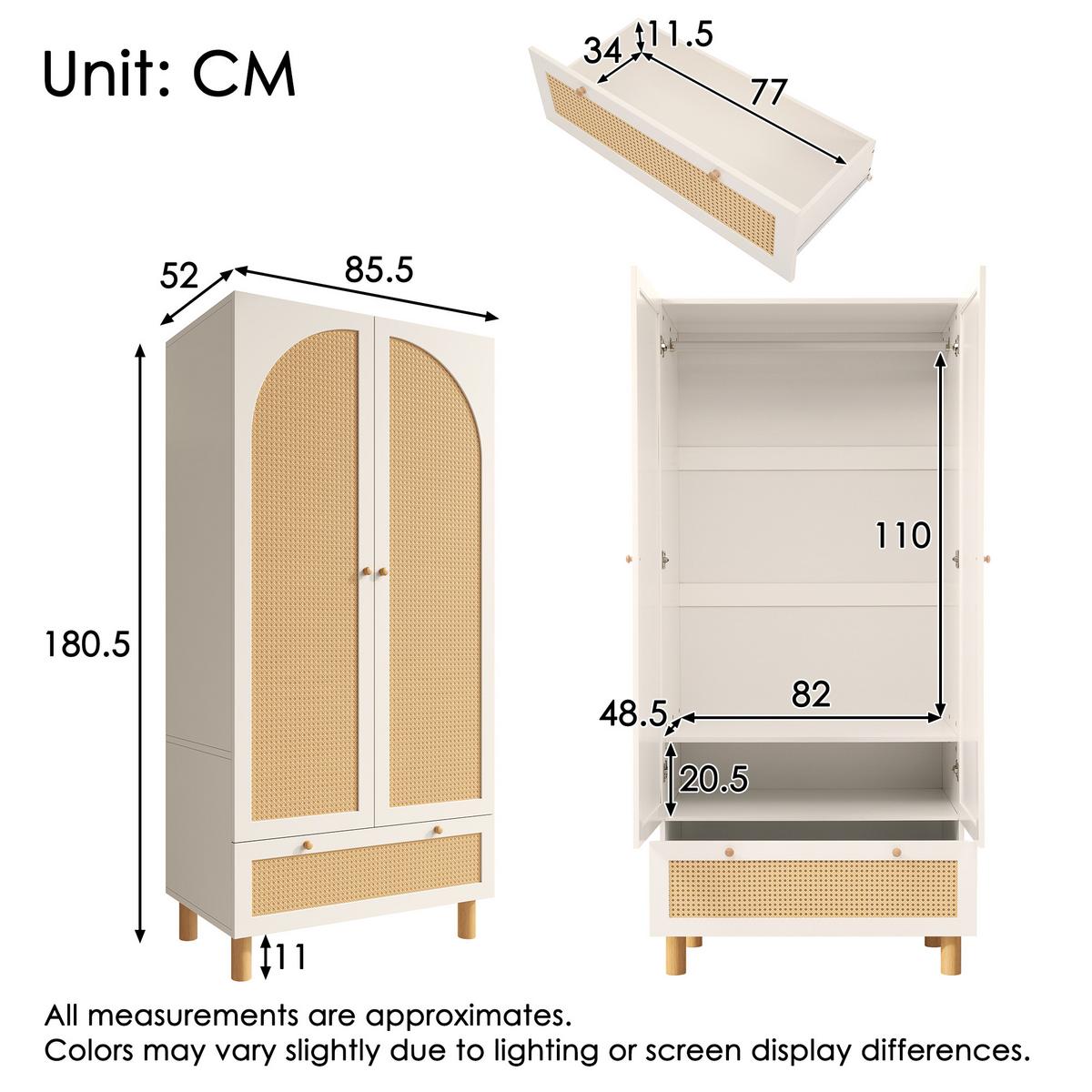 KLEIDERSCHRANK Weiß mit Rattan & Schublade Landhausstil 180×85×52 cm - Weiß, Holzwerkstoff (85/181/52cm) - Urban Meuble