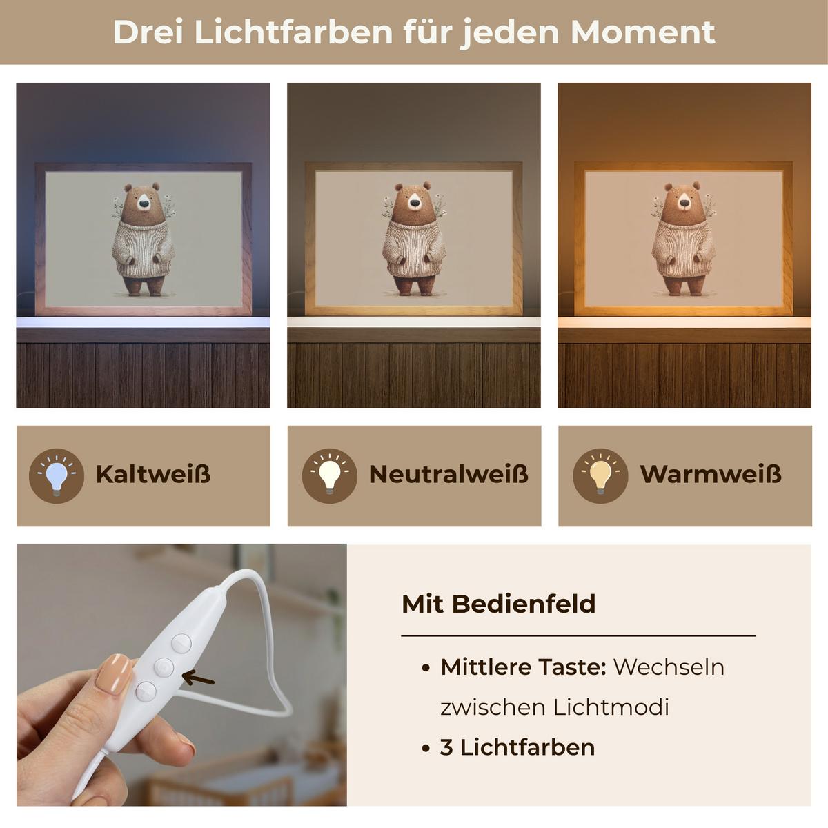 NACHTTISCHLAMPE Bär - Weiße Blumen - Gemütlich 30x20 cm - Taupe, Holzwerkstoff (8/30/20cm) - OnlyWow