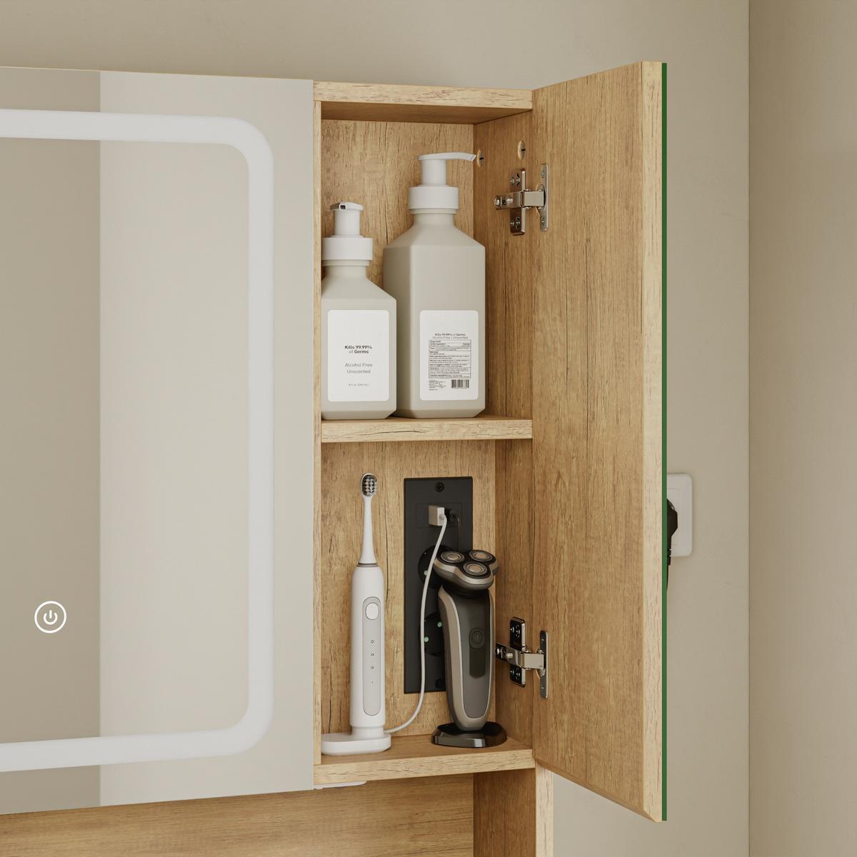 SPIEGELSCHRANK mit LED-Beleuchtung und Touch-Sensor BZR238-E-N - Ahornfarben/Weiß, Kunststoff/Fell (17/70/60cm) - SoBuy