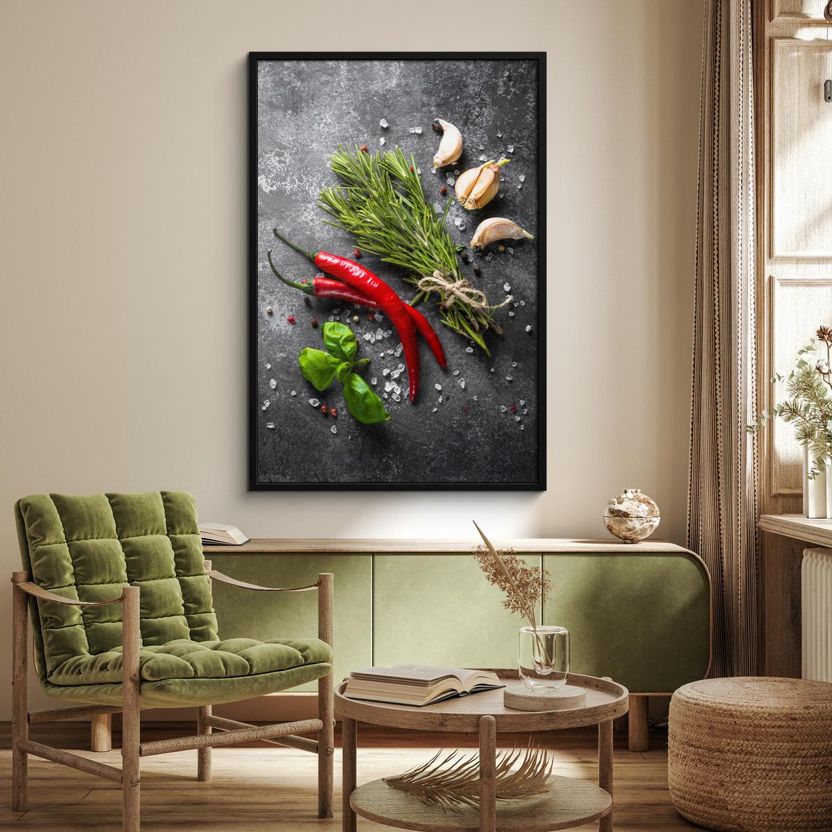 POSTER MIT RAHMEN Pfeffer - Kräuter - Gewürze - Beton Bilderleiste 80x120 cm - Dunkelgrau, Papier (80/120cm) - MuchoWow