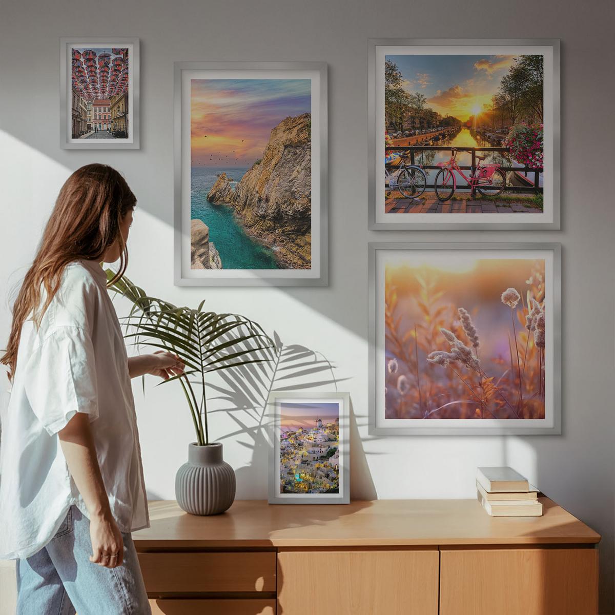 BILDER SET 5er Set - 50x50 cm & 20x30 cm & 40x60 cm Silberner Rahmen - Sonnenuntergänge am Meer - Silberfarben, Kunststoff (40/60cm) - TULUP