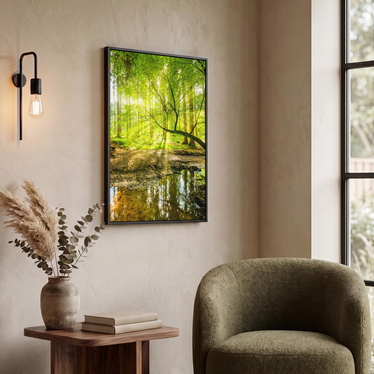 LEINWAND Bilder mit Rahmen - Wald - Landschaft - Wasser - Bäume - Sonne - Grün - Natur - 60x80 - Grün, Textil (60/80cm) - MuchoWow