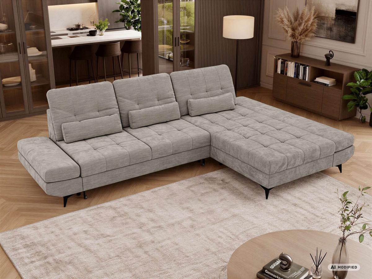 ECKSOFA ALVENO L - Hellgrau Schenille glatt - Rechts Seite - Hellgrau/Schwarz, Textil/Metall (344/218cm) - MKS