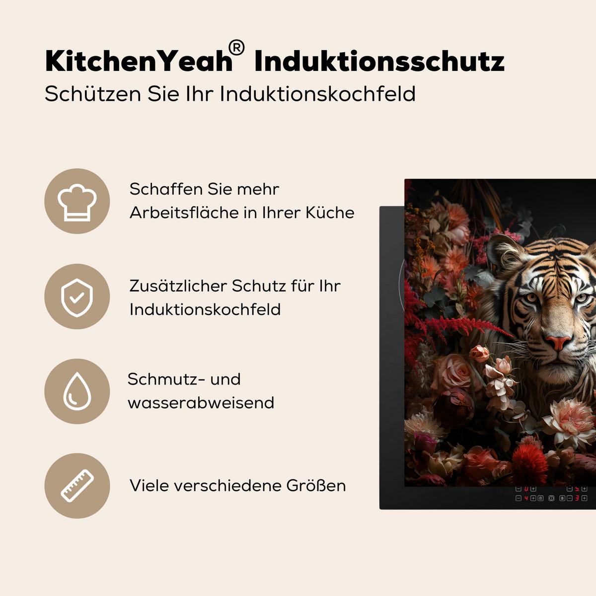 HERDABDECKPLATTE Tiger - Tier - Natur - Floral - Botanisch Induktionsmatte 78x78 cm - Orange, Kunststoff (78/78/0.2cm) - MuchoWow