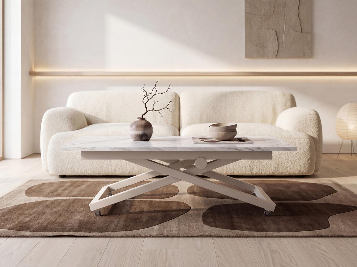 COUCHTISCH Axen höhenverstellbar ausziehbar, Marmor Weiß 120-160/80/38-75 cm - Ecru/Kaschmir, Holzwerkstoff/Metall (80/160/75cm) - WFL GROUP