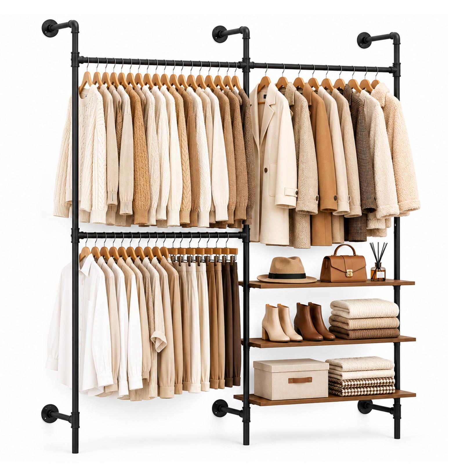 WANDGARDEROBE & Kleiderständer 220x168 cm, 3 Stangen und 3 Böden in Holzoptik, Schwarzes Stahlrohr, Industrial, Flur & Schlafzimmer - Schwarz, Kunststoff (168/220/46cm) - SoBuy