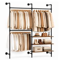 WANDGARDEROBE & Kleiderständer 220x168 cm, 3 Stangen und 3 Böden in Holzoptik, Schwarzes Stahlrohr, Industrial, Flur & Schlafzimmer - Schwarz, Kunststoff (168/220/46cm) - SoBuy