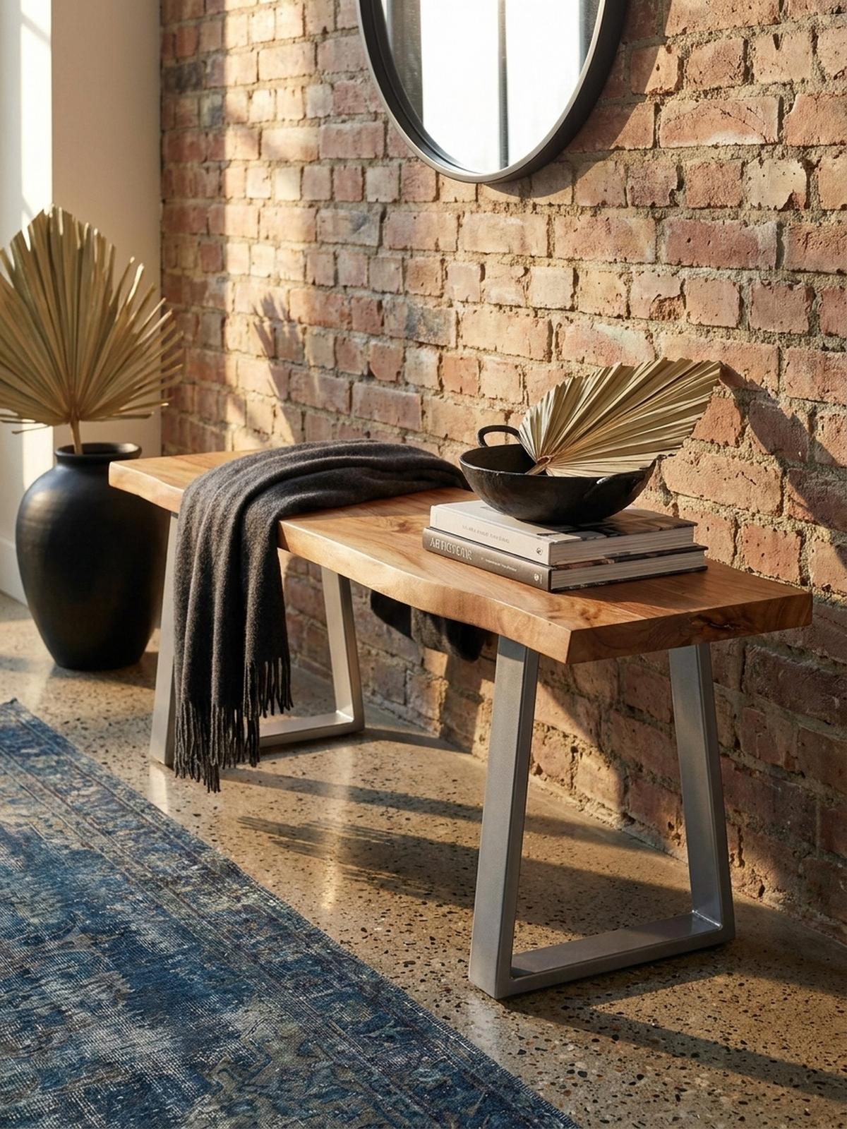 GARDEROBENBANK Massivholz Metall Baumkante, Akazie-Silber 120x40x46 cm - Silberfarben/Braun, Holz/Metall (120/46/40cm) - KADIMA DESIGN