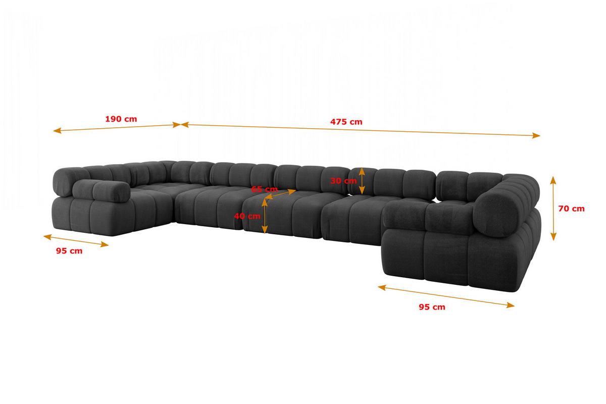 WOHNLANDSCHAFT modulares Sofa Birno-U3 - 475x190x70 cm Schwarz Velours - Schwarz, Holzwerkstoff/Textil (475/70/190cm) - ALTDECOR